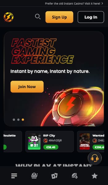 Instant Casino in Malaysia welcome page on mobile