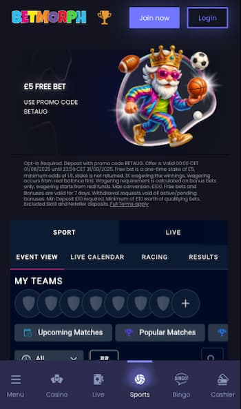 Sports betting welcome screen at BetMorph