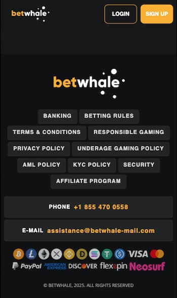 Payment Methods at BetWhale online casino