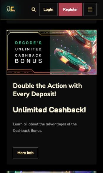 Unlimited cashback rewards at Decode Casino