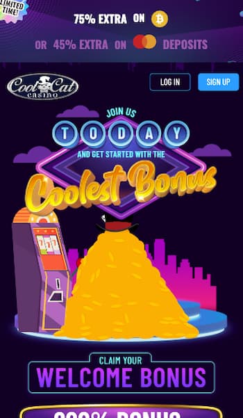 Cool Cat Casino welcome screen on mobile