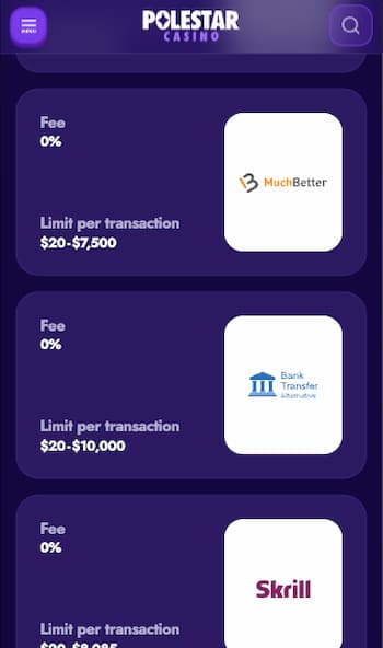 Withdrawal methods at PoleStar Casino in Canada