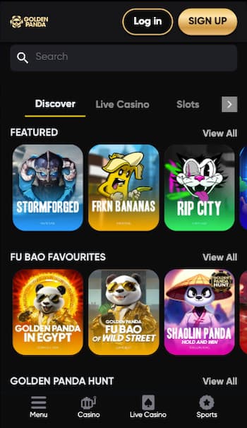 Online slots and other games at Golden Panda Casino on mobile