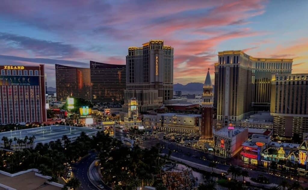 Las Vegas Strip hotels and casinos at sunset