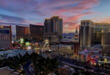 Las Vegas Strip hotels and casinos at sunset