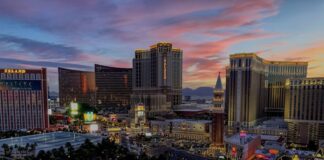 Las Vegas Strip hotels and casinos at sunset