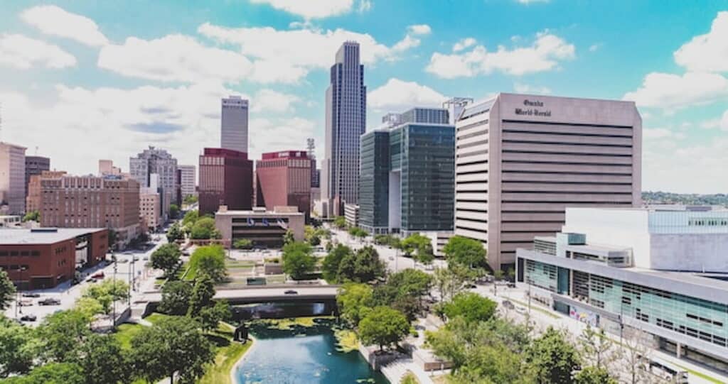 Downtown Omaha skyline with modern high-rise buildings.