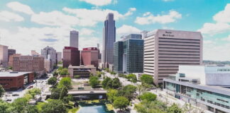 Downtown Omaha skyline with modern high-rise buildings.
