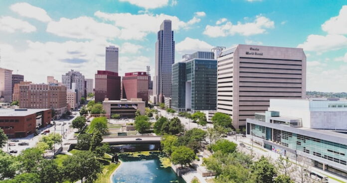 Downtown Omaha skyline with modern high-rise buildings.