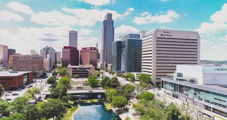 Downtown Omaha skyline with modern high-rise buildings.