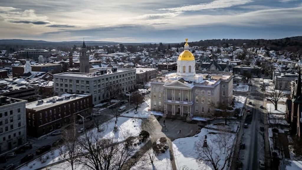 Aerial view of the New Hampshire State House in winter