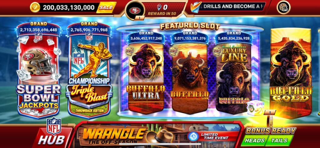 Lobby screen of NFL Super Bowl Slots mobile app.