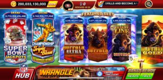 Lobby screen of NFL Super Bowl Slots mobile app.