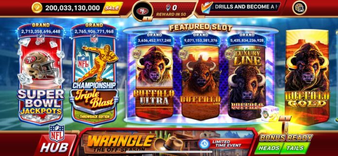 Aristocrat Launches NFL Super Bowl Slots, First-Ever NFL-Licensed Social Casino Game Lobby screen of NFL Super Bowl Slots mobile app.