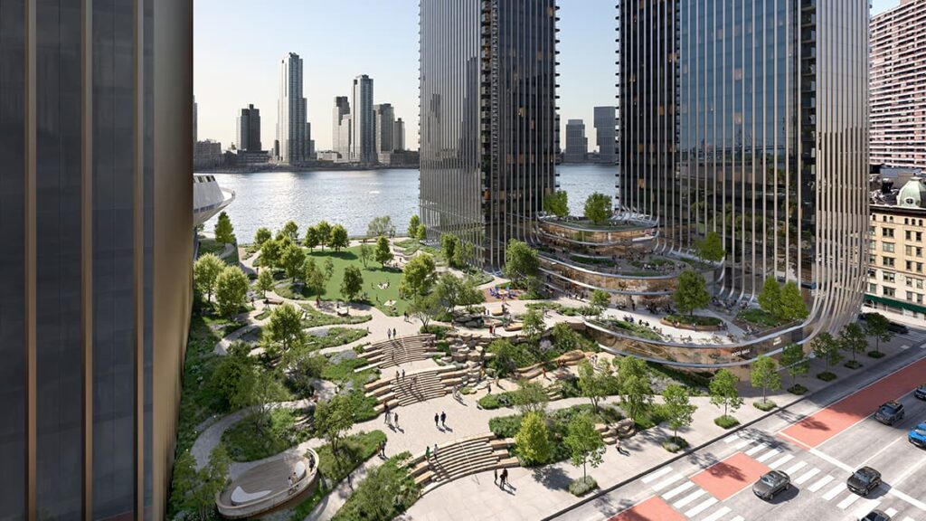 Rendering of Freedom Plaza’s proposed park and towers along the East River in Manhattan