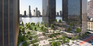 Rendering of Freedom Plaza’s proposed park and towers along the East River in Manhattan