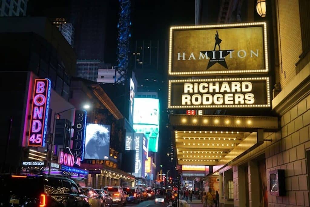 Broadway theaters and marquees lit up at night in Times Square, New York City