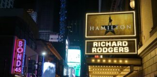 Broadway theaters and marquees lit up at night in Times Square, New York City
