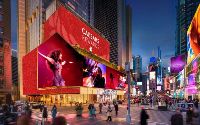 Caesars, Roc Nation vs. Broadway: Times Square Casino Hearing Erupts Over Jobs, Culture, and Safety Rendering of a proposed entertainment complex in a busy city district at night