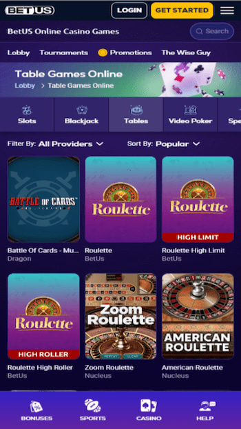 BetUS table games