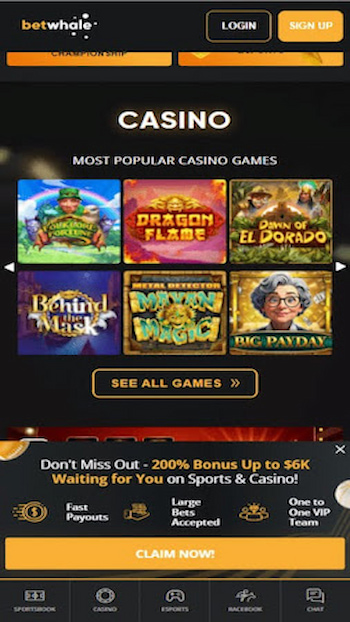 BetWhale popular casino games
