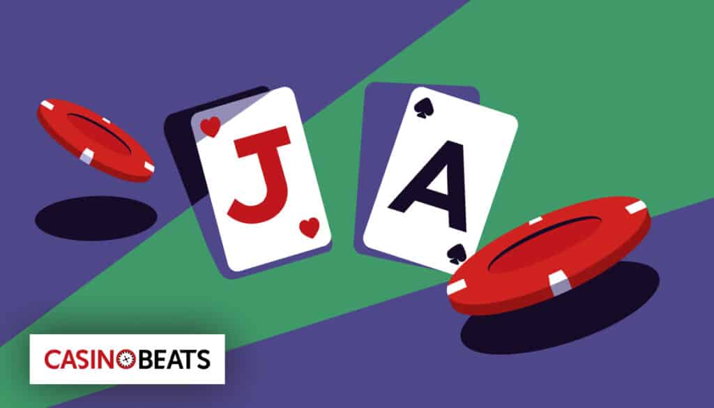Blackjack side bets illustrated with playing cards showing a jack and an ace alongside casino chips