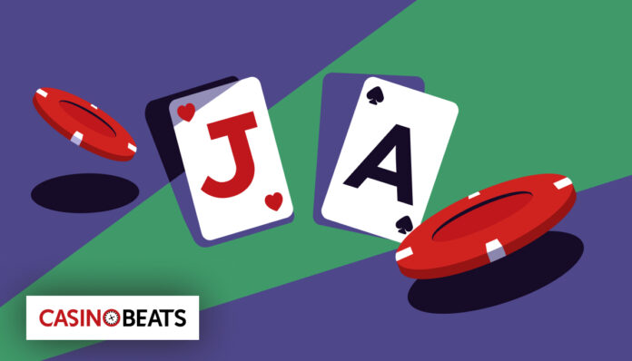Blackjack side bets illustrated with playing cards showing a jack and an ace alongside casino chips