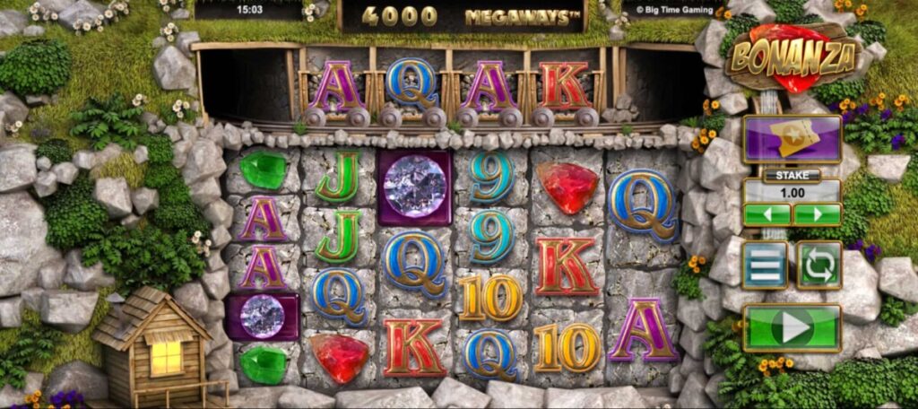 Bonanza Megaways slot game with gems and mining theme
