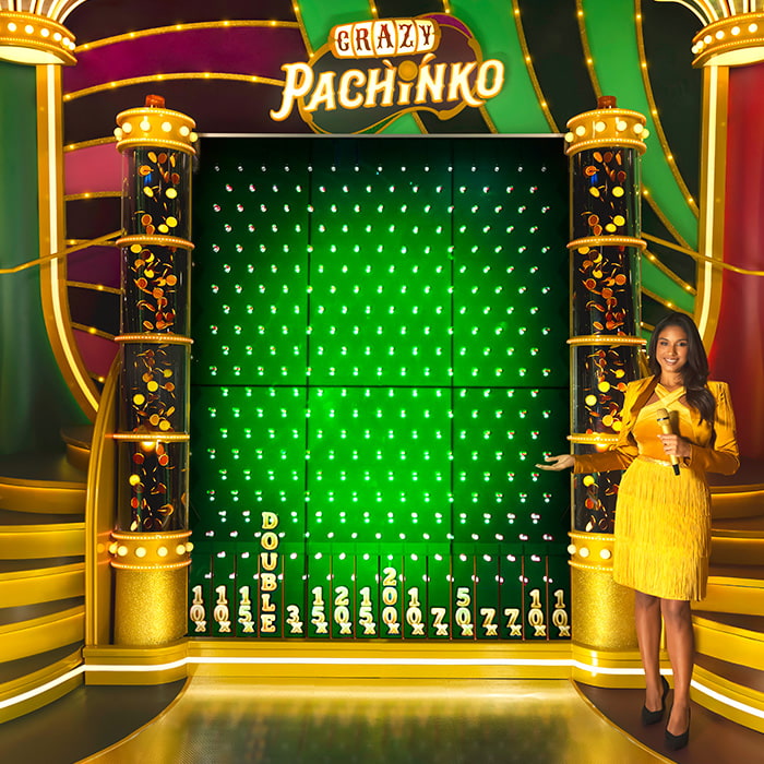 Host presenting Crazy Pachinko game with glowing green board