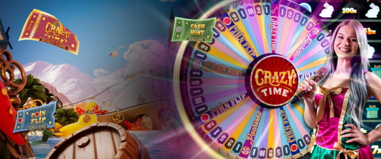 Crazy Time wheel with host and bonus tickets in colorful casino setting