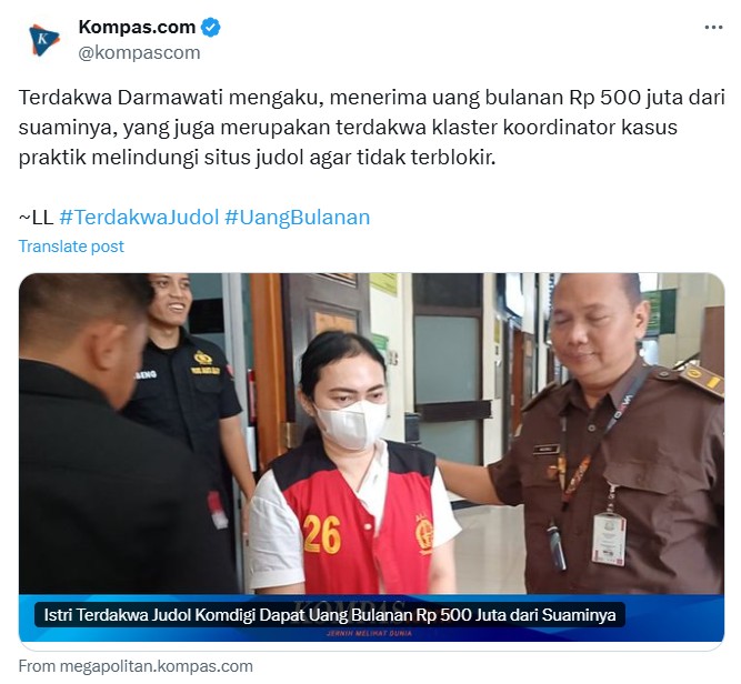 An X post from Kompas showing Darmawati in police custody earlier this year.