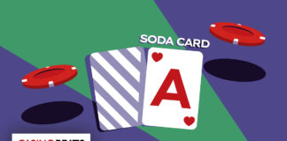 Casino illustration with playing cards, poker chips, and the text Soda Card