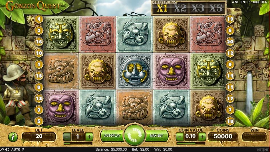 Gonzo’s Quest online slot game screen by NetEnt, showing cascading stone blocks with Mayan symbols and a conquistador character on the left.