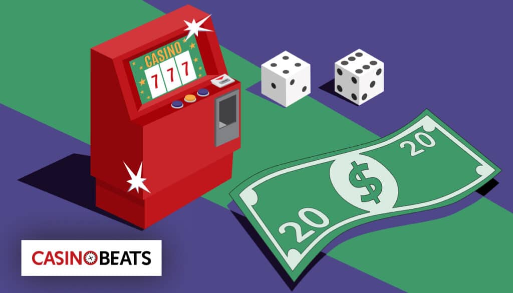 Slot machine with dice and dollar bills illustration