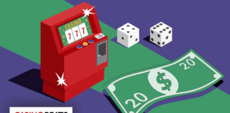 Slot machine with dice and dollar bills illustration
