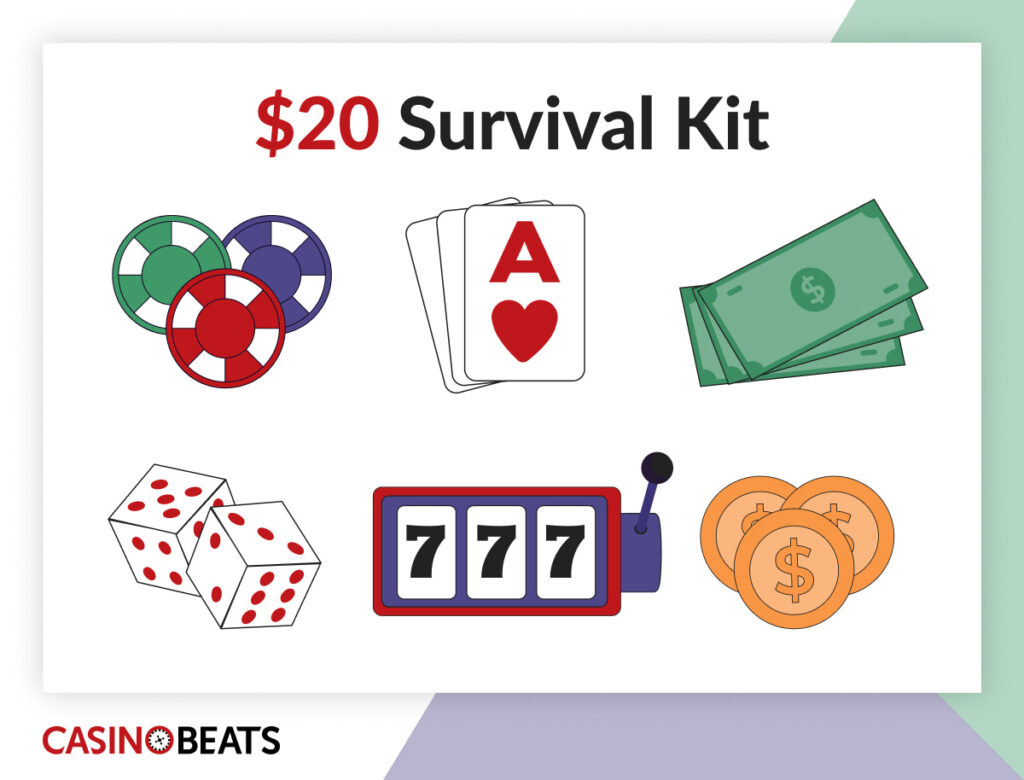 Illustration of a $20 casino survival kit with chips, cards, cash, dice, slot machine, and coins