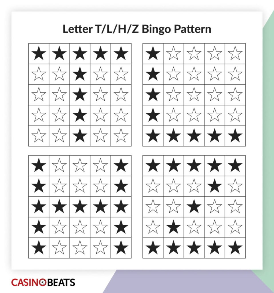 T/L/H/Z bingo pattern infographic showing 4 bingo cards with black stars that create the shape of these letters