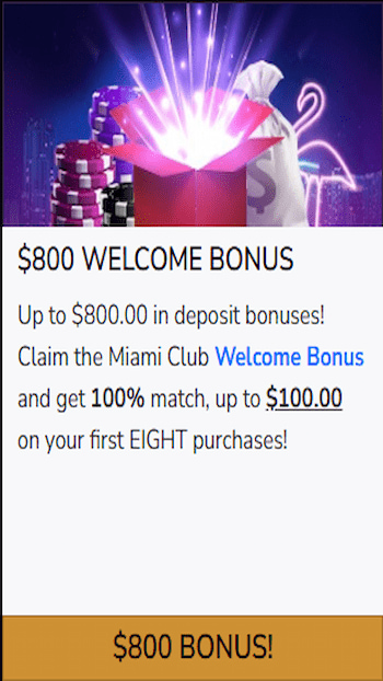 Miami Club Casino 100% match bonus up to $800