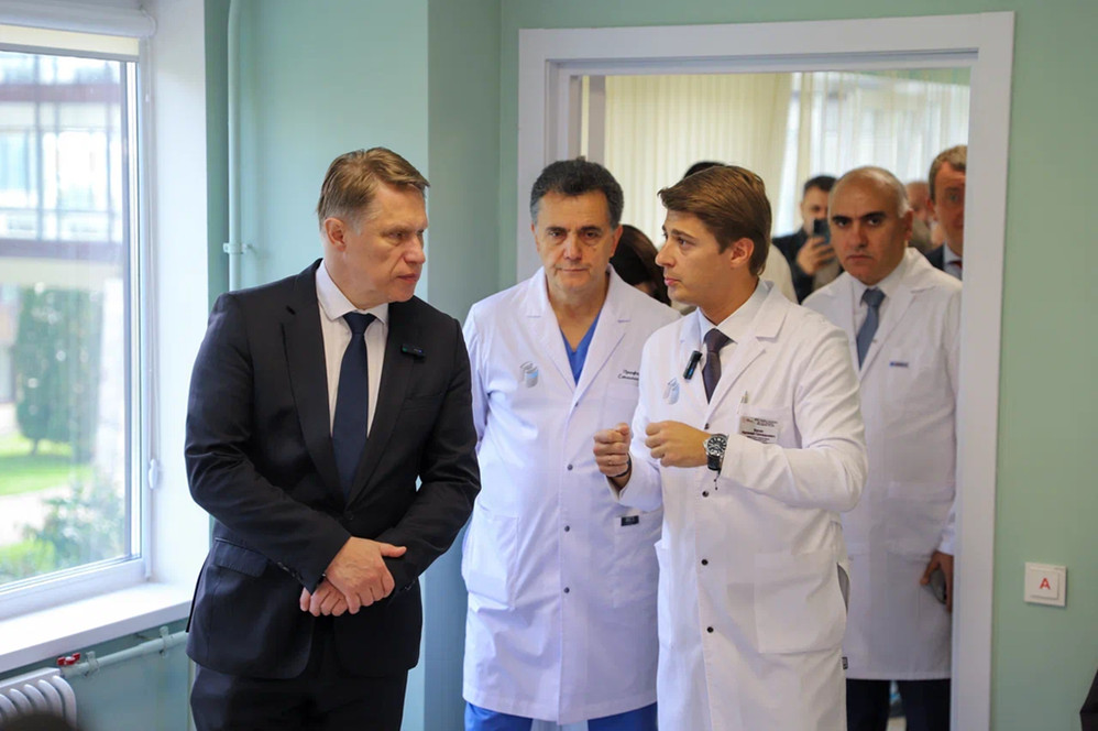 The Russian Health Minister Mikhail Murashko (left) visits a healthcare clinic in Moscow earlier this month.