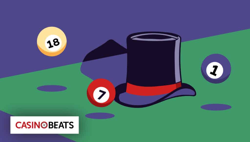 Illustration of bingo balls with numbers 18, 7, and 1 around a top hat on a green table
