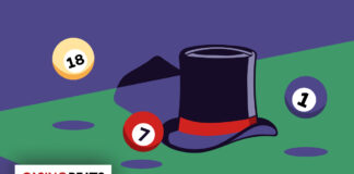 Illustration of bingo balls with numbers 18, 7, and 1 around a top hat on a green table