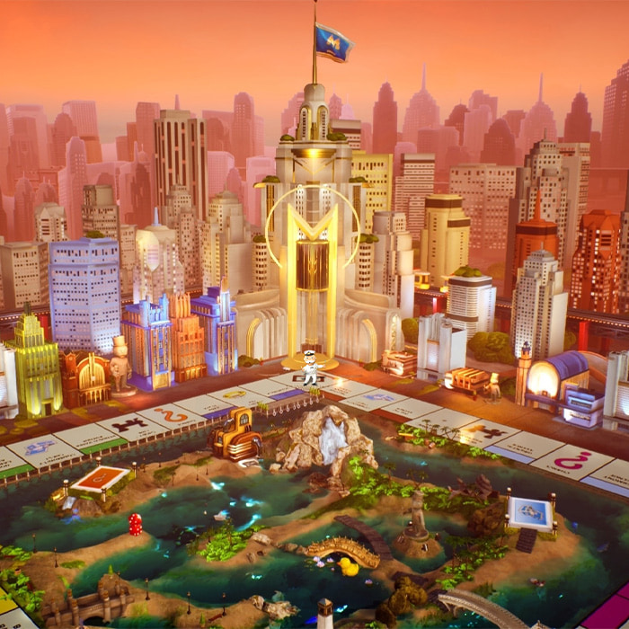 Colorful Monopoly board with city skyline and central tower