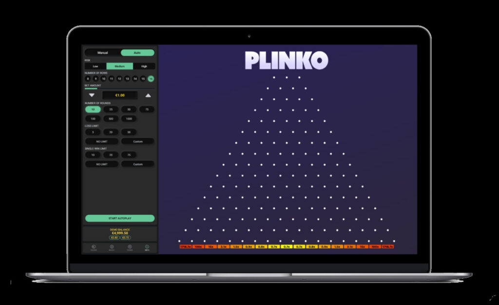 Plinko betting game displayed on a laptop screen