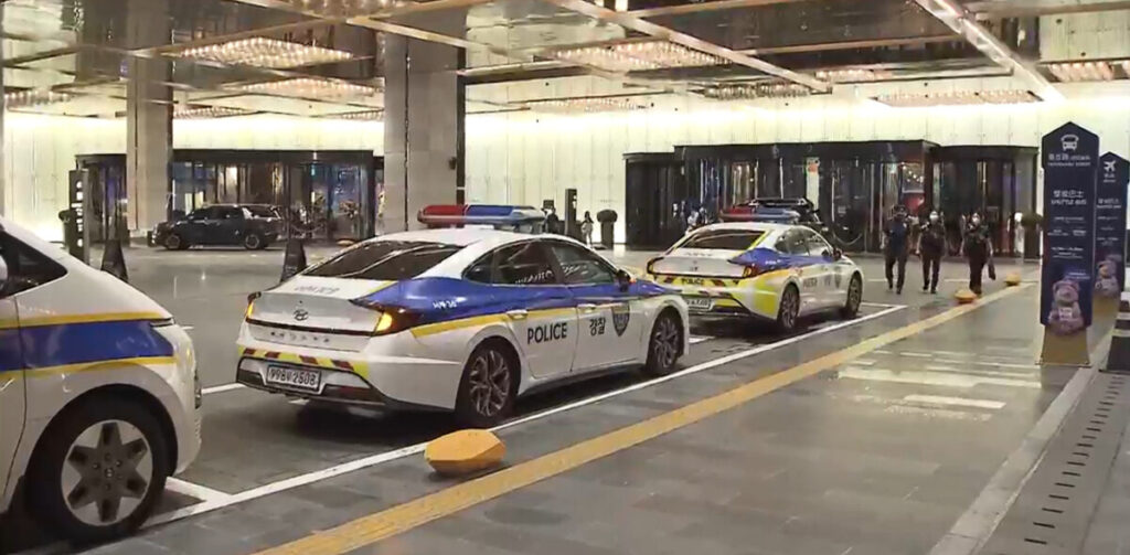 South Korean police cars outside a casino in downtown Jeju City, in Jeju Province, South Korea.