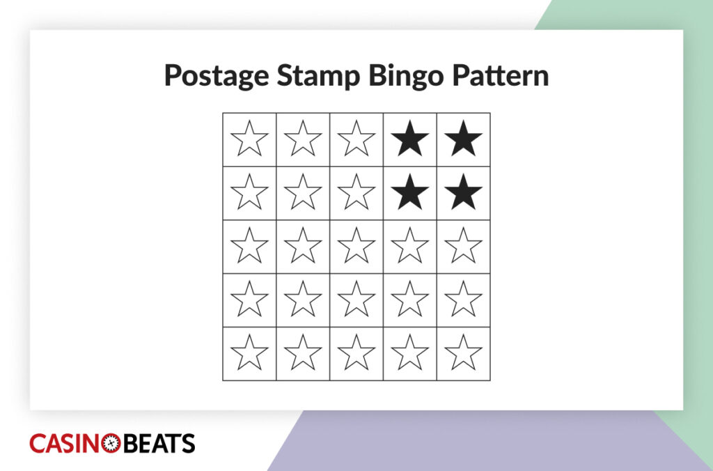 Alt text: Postage stamp bingo pattern showing four black stars in the upper right corner