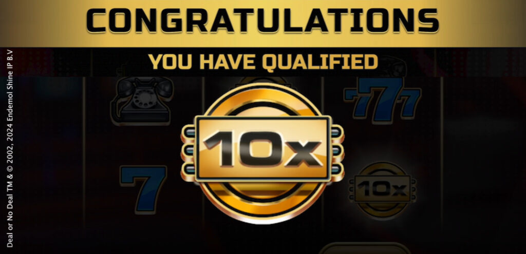 A golden badge with '10x' at the center is surrounded by slot machine symbols. Above, bold text reads 'Congratulations, You Have Qualified.'