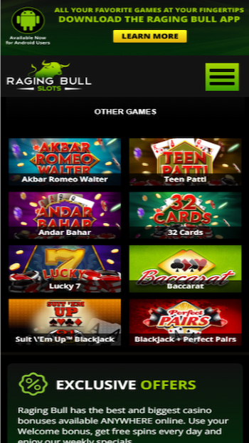 Raging Bull Casino table games