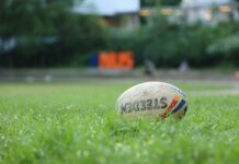 Rugby ball sitting in green grass