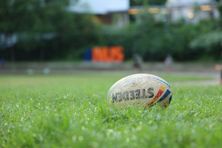 Rugby ball sitting in green grass