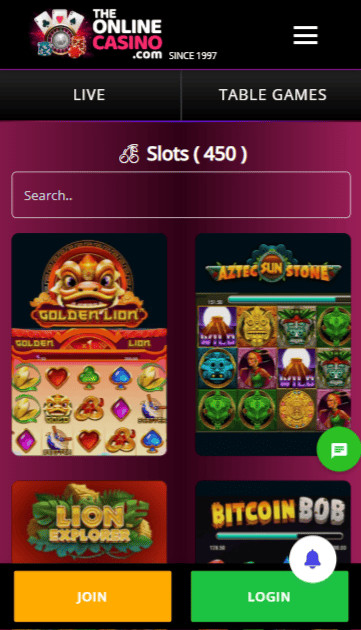 The online casino slots page